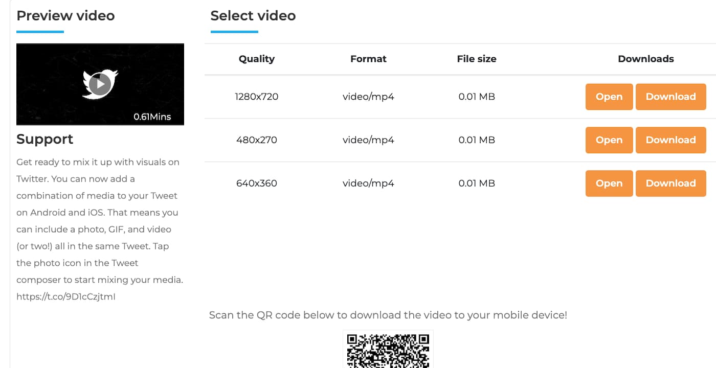 La pagina di download del video mostra le risoluzioni video che possono essere selezionate e l'opzione per visualizzare e scaricare direttamente.